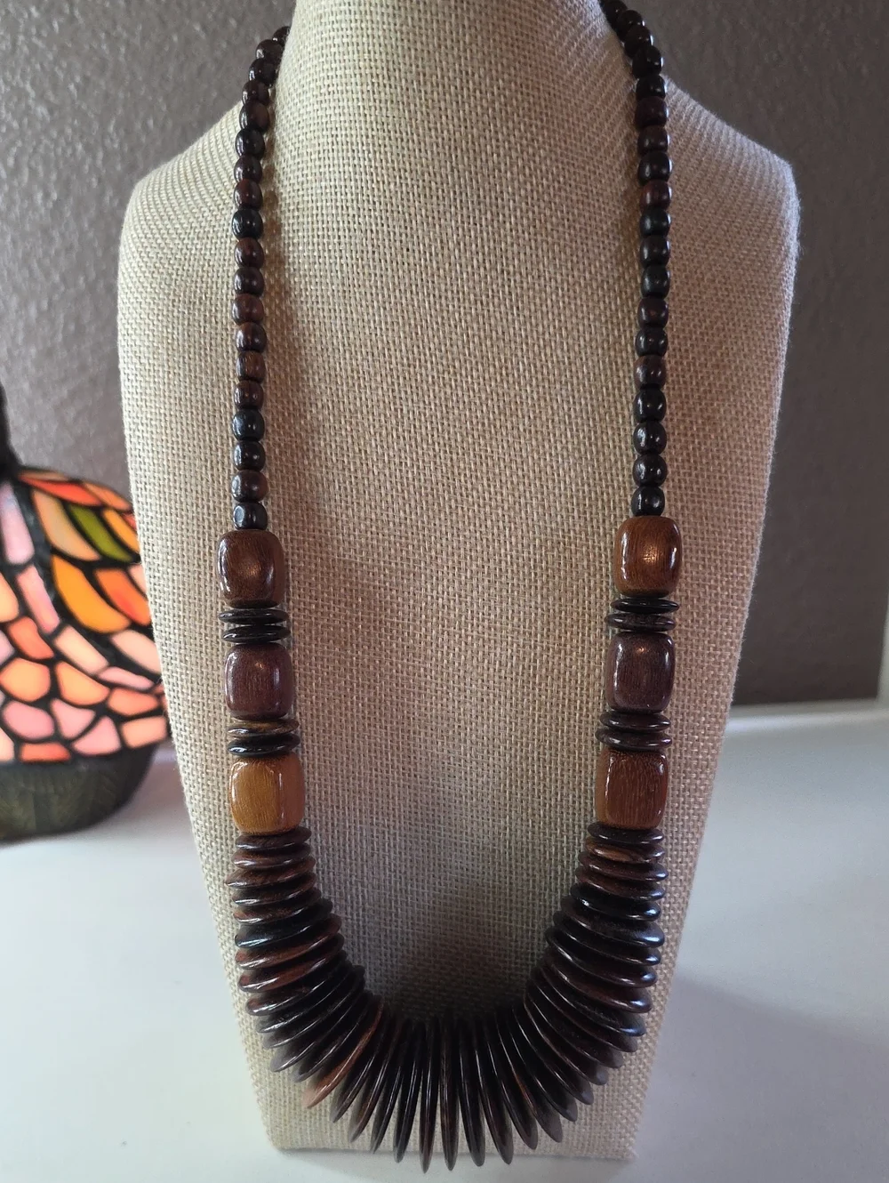 Vintage Wood Disc & Bead Boho Statement Necklace - 22
